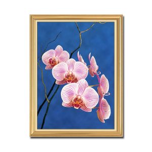 Mẫu tranh khổ đứng hình ảnh cành hoa lan sọc hồng trên nền xanh loang mây