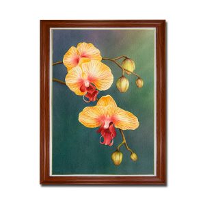 Mẫu tranh khổ dọc hình ảnh cành hoa lan vàng trên nền xanh rêu đẹp