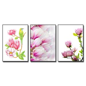 Bộ tranh treo tường hoa mộc lan hồng đẹp 3 bức