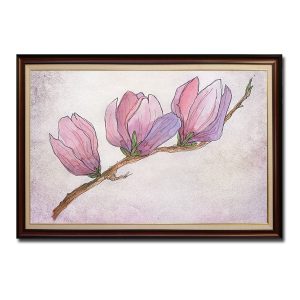 Mẫu tranh treo tường phác họa hình ảnh cành hoa mộc lan trên nền hồng loang mây