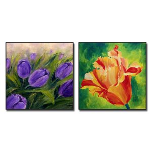 Bộ 2 bức tranh hoa tulip đẹp màu tím và vàng cam