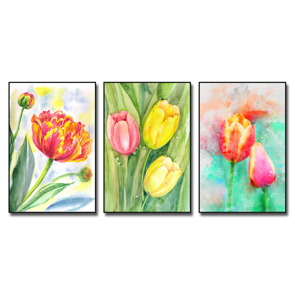 Bộ 3 bức tranh hoa tulip kiểu màu nước với nét đẹp trẻ trung nhẹ nhàng