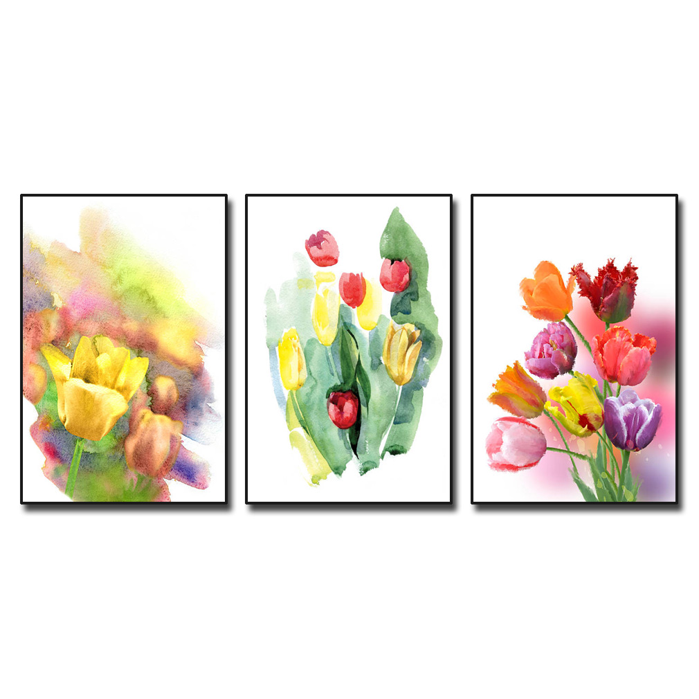 Bộ tranh hoa tulip kiểu màu nước đẹp 3 tấm khổ dọc