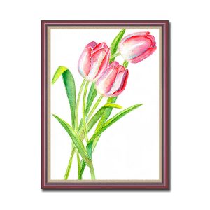 Mẫu tranh khổ đứng hình ảnh những cành hoa tulip hồng lá xanh trên nền trắng