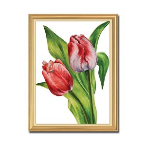 Mẫu tranh khổ đứng hình ảnh hoa tulip và lá xanh vẽ kiểu màu nước đẹp