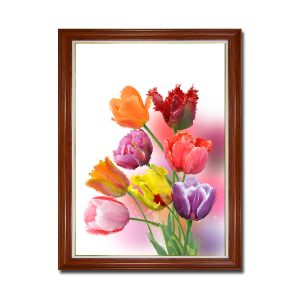 Mẫu tranh khổ đứng hình ảnh những bông hoa tulip nhiều màu trên nền màu loang