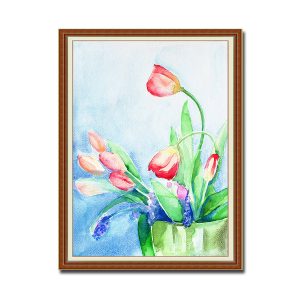 Mẫu tranh khổ đứng hình ảnh chậu hoa tulip đẹp vẽ kiểu màu nước