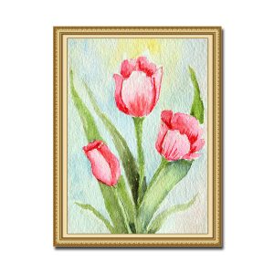 Mẫu tranh khổ dọc đẹp hình ảnh khóm hoa tulip hồng màu nước