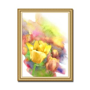 Mẫu tranh khổ dọc hình ảnh bông hoa tulip vàng và nền tranh màu loang mây đẹp