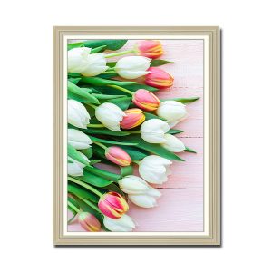 Mẫu tranh khổ dọc hình ảnh những bông hoa tulip màu trắng và đỏ viền vàng trên nền gỗ màu hồng nhạt