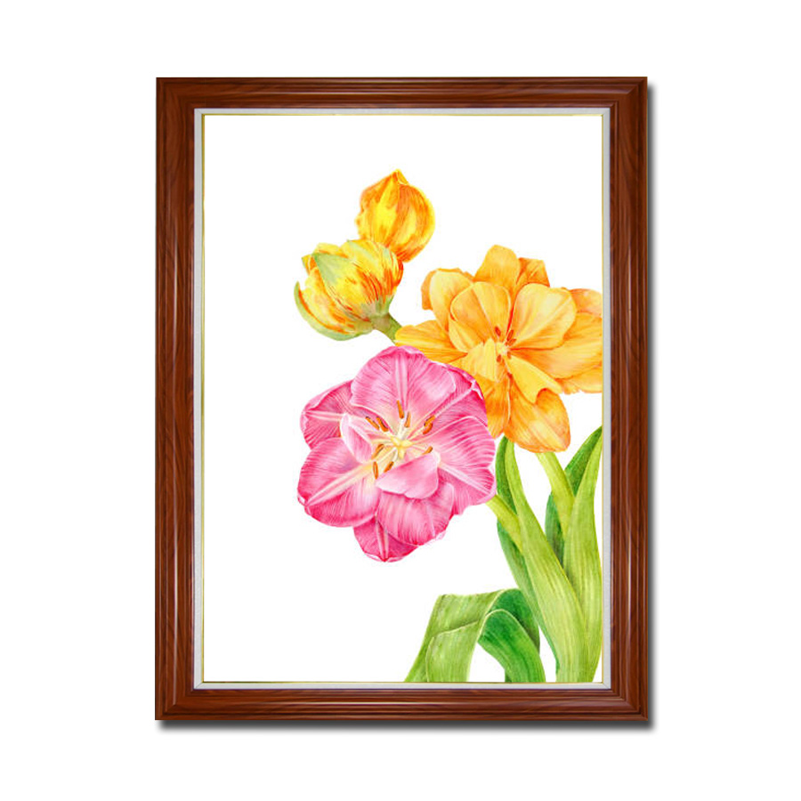 Mẫu tranh khổ đứng kiểu màu nước đẹp vẽ hoa tulip màu vàng và hồng