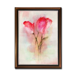 Mẫu tranh khổ đứng vẽ hình ảnh hoa tulip hồng mờ ảo cùng nền loang mây