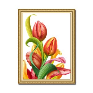 Mẫu tranh khổ đứng vẽ hoa và lá tulip với đường nét nổi và gam màu tươi tắn