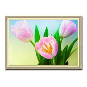 Mẫu tranh treo tường hình ảnh những bông hoa tulip hồng và lá xanh tươi tắn