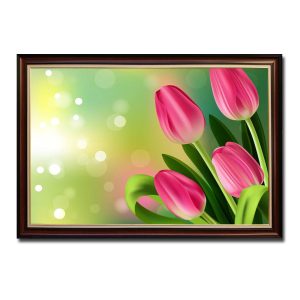 Mẫu tranh treo tường hình ảnh những bông hoa tulip đỏ trên nền xanh loang trắng