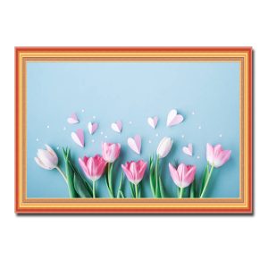 Mẫu tranh treo tường hình ảnh hoa tulip và giấy cắt hình trái tim màu hồng đẹp