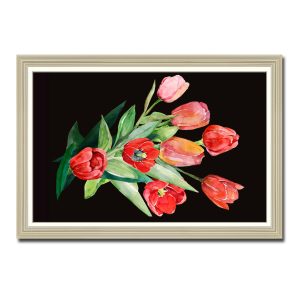 Mẫu tranh treo tường đẹp hình ảnh những bông hao tulip đỏ hồng nổi bật trên nền đen