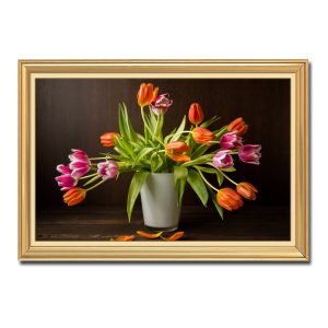 Mẫu tranh treo tường hình ảnh bình hoa tulip đẹp trên nền nâu tối
