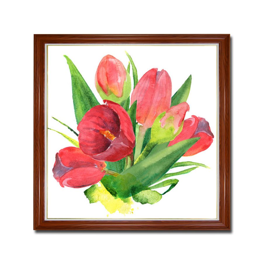 Mẫu tranh khổ vuông hình ảnh khóm hoa tulip hồng đẹp kiểu màu nước
