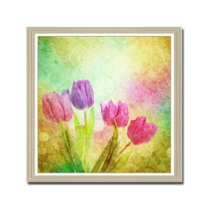 Mẫu tranh khổ vuông vẽ kiểu màu nước đẹp với những bông hoa tulip trên nền loang