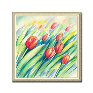 Mẫu tranh khổ vuông vẽ lá và hoa tulip kiểu màu nước đẹp