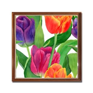 Mẫu tranh khổ vuông đẹp vẽ lá và hoa tulip với sắc màu tươi tắn nổi bật