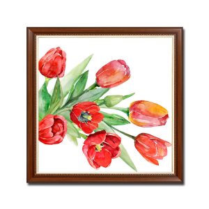 Mẫu tranh khổ vuông vẽ hoa tulip màu đỏ cam đẹp kiểu màu nước