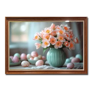 Tranh treo tường hình ảnh những bông hoa phớt hồng đẹp cắm trong bình màu xanh ngọc