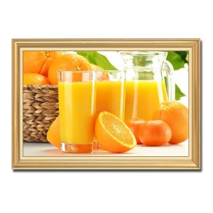 Mẫu tranh treo phòng ăn đẹp những trái cam chín và nước cam vắt màu vàng tươi
