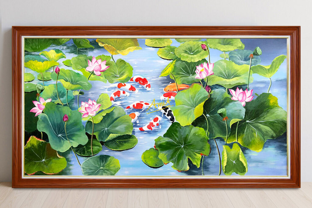Mẫu tranh cửu ngư quần hội đẹp ý nghĩa phong thuỷ tốt lành hợp mệnh Thuỷ, Mộc, Kim