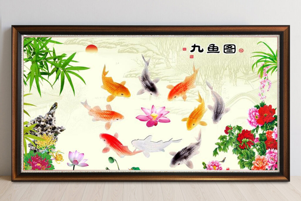 Mẫu tranh cửu ngư quần hội đẹp ý nghĩa phong thuỷ tốt lành hợp mệnh Thuỷ, Mộc, Kim