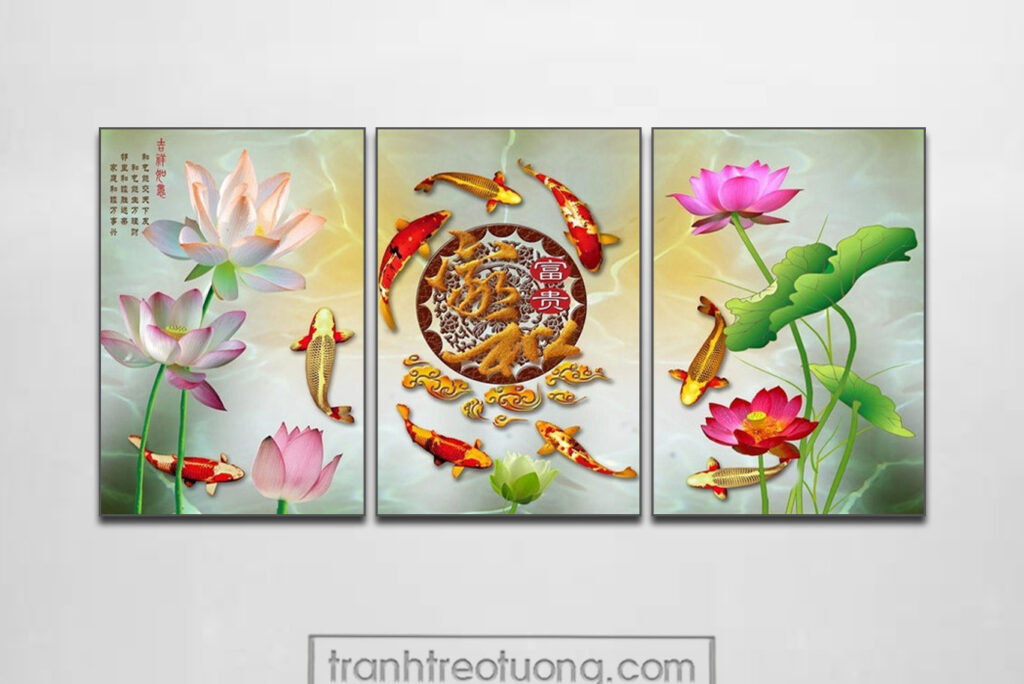 Mẫu tranh cửu ngư quần hội đẹp ý nghĩa phong thuỷ tốt lành hợp mệnh Thuỷ, Mộc, Kim