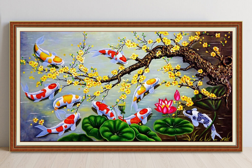 Mẫu tranh cửu ngư quần hội đẹp ý nghĩa phong thuỷ tốt lành hợp mệnh Thuỷ, Mộc, Kim