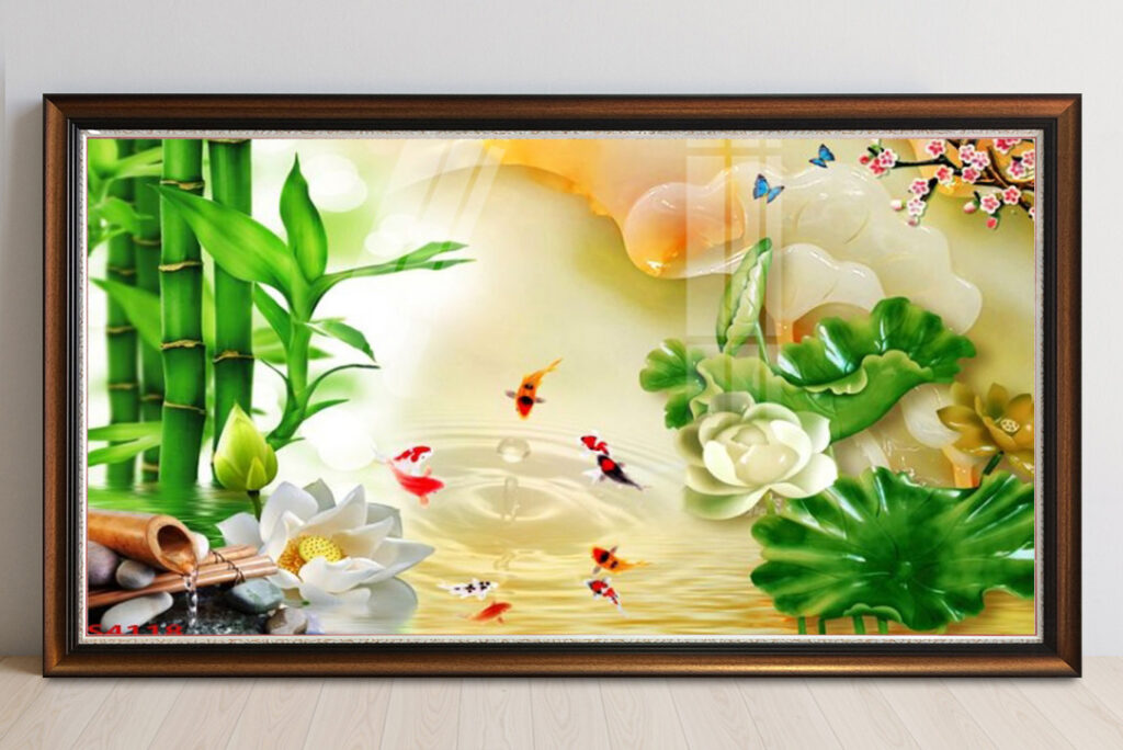 Mẫu tranh cửu ngư quần hội đẹp ý nghĩa phong thuỷ tốt lành hợp mệnh Thuỷ, Mộc, Kim