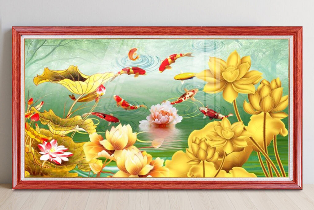 Mẫu tranh cửu ngư quần hội đẹp ý nghĩa phong thuỷ tốt lành hợp mệnh Thuỷ, Mộc, Kim