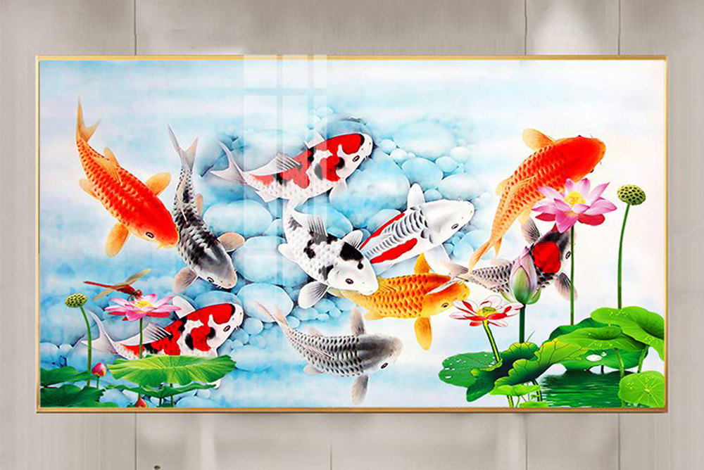 Mẫu tranh cửu ngư quần hội đẹp ý nghĩa phong thuỷ tốt lành hợp mệnh Thuỷ, Mộc, Kim
