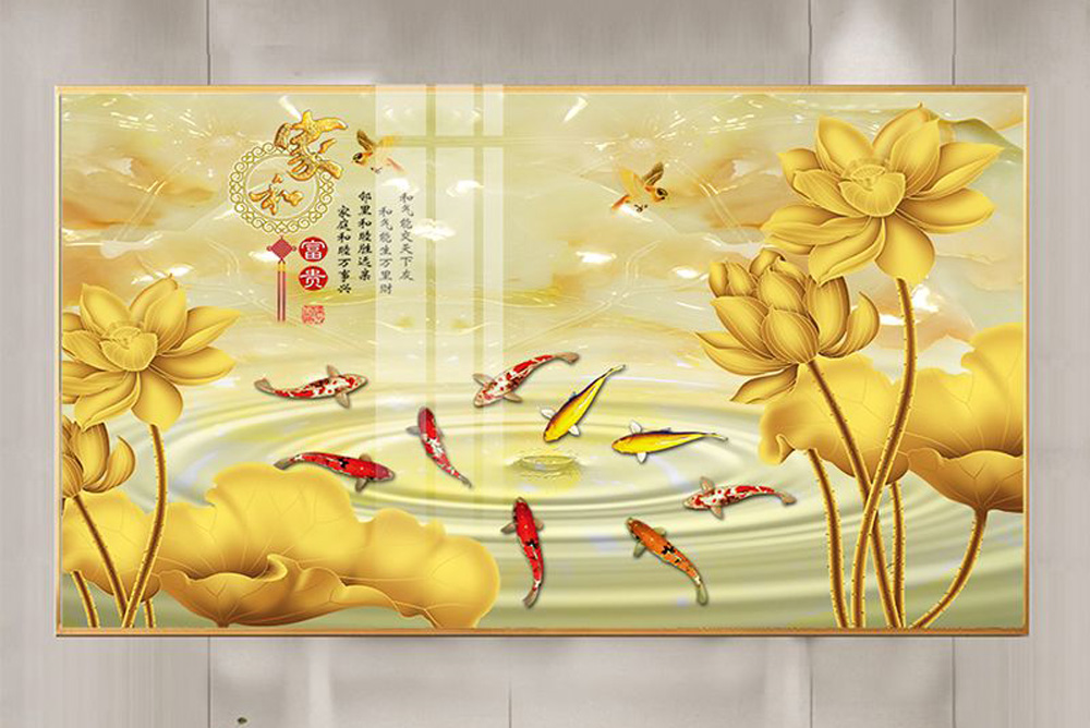 Mẫu tranh cửu ngư quần hội đẹp ý nghĩa phong thuỷ tốt lành hợp mệnh Thuỷ, Mộc, Kim
